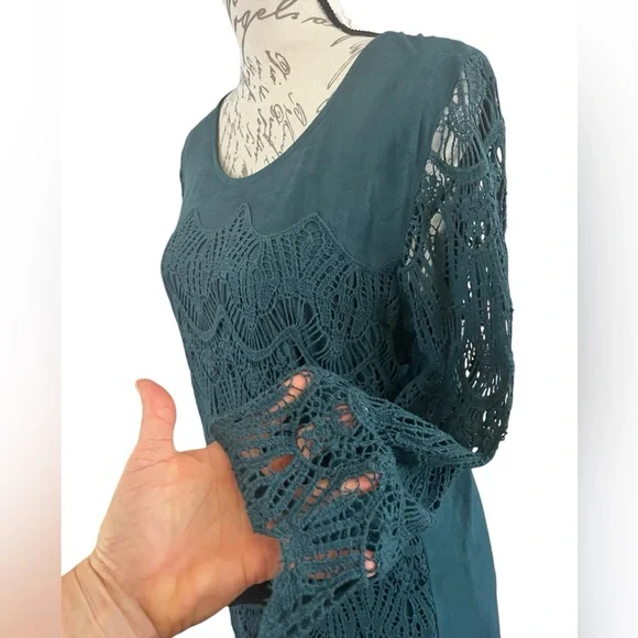 EUC Monoreno Teal Lace Fringe Midi Dress Overlay Sheath 3/4 Sleeve Medium Boho - Picture 3 of 15